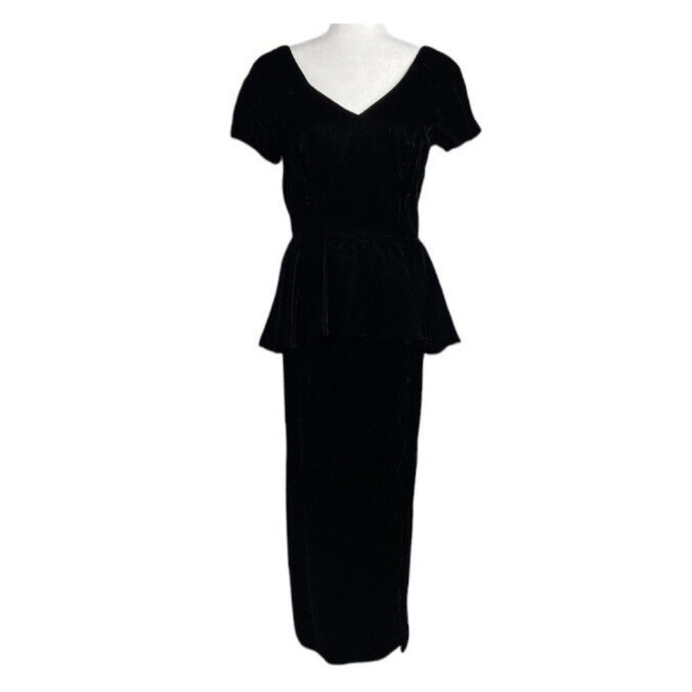 Vintage 80s Lady black velvet long sleeve peplum dress Side Slit Size 12